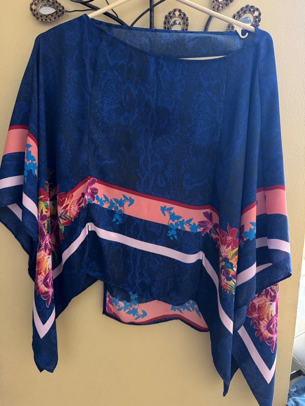 Women's Navy Floral Poncho Top - Blue and Pink